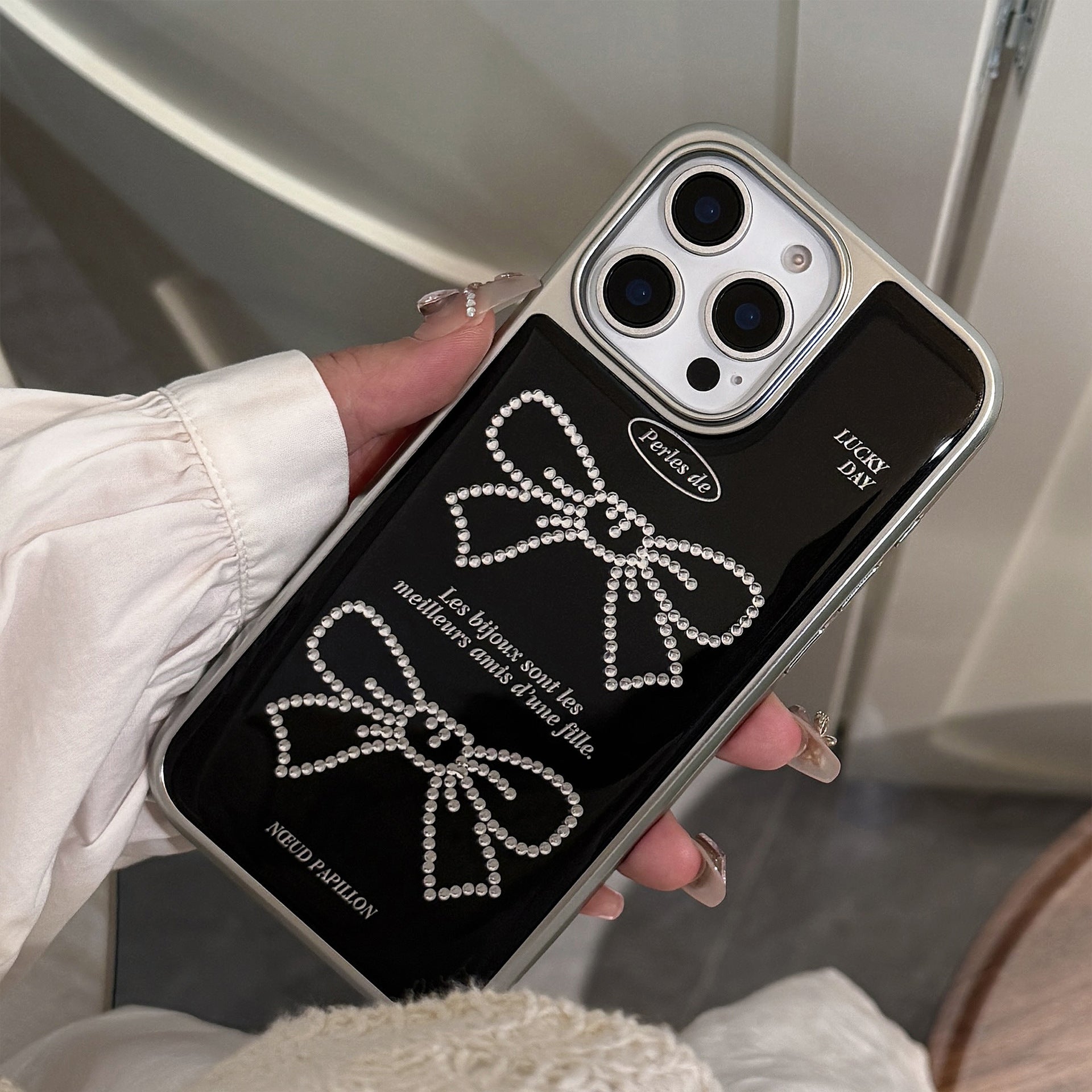Gold Foil Bow Glitter iPhone 15 Pro Max Case – Slim Shockproof TPU Cover with 3D Buttons