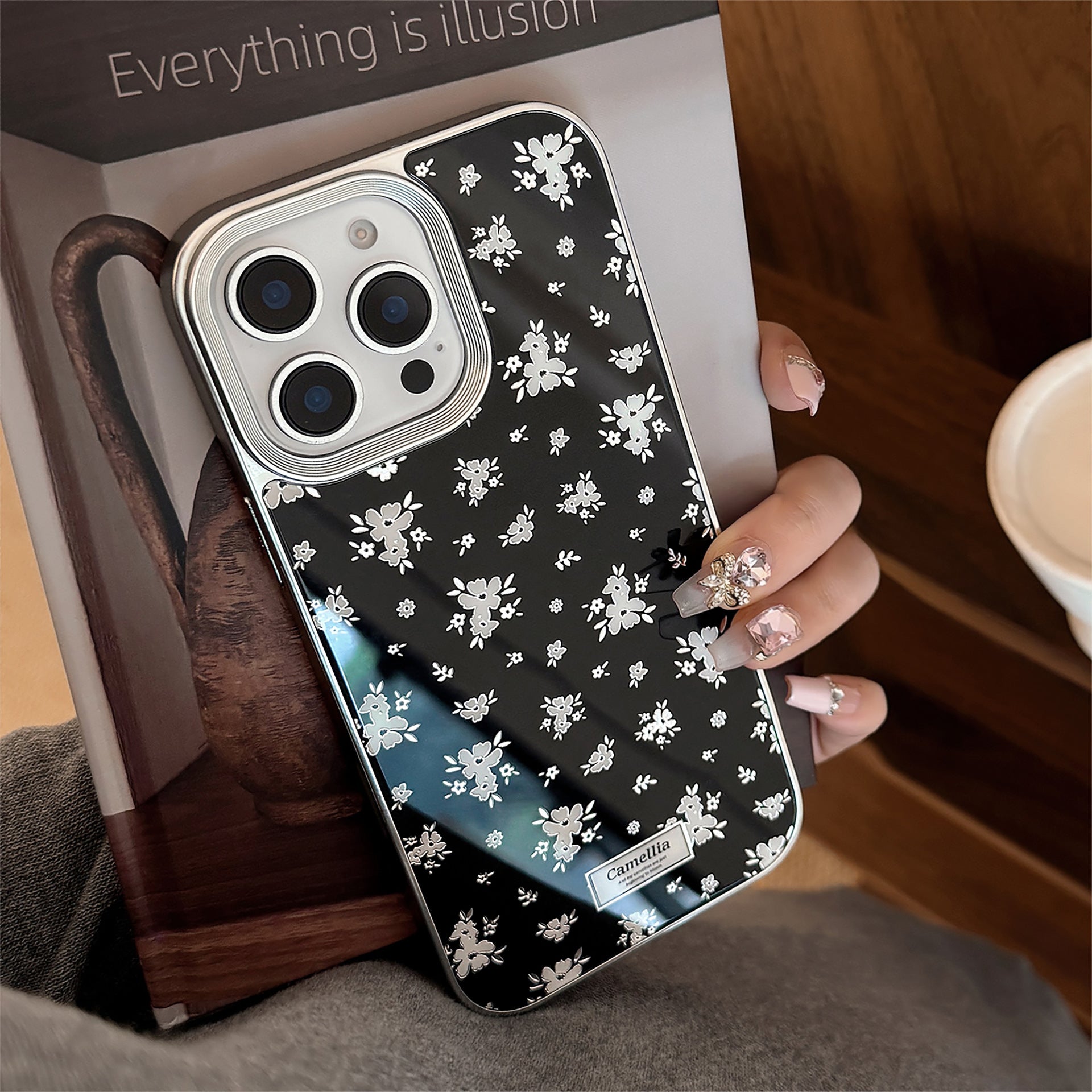 Gothic Flower iPhone 15 Pro Max Case – Silver Electroplated Dark Botanical Cover