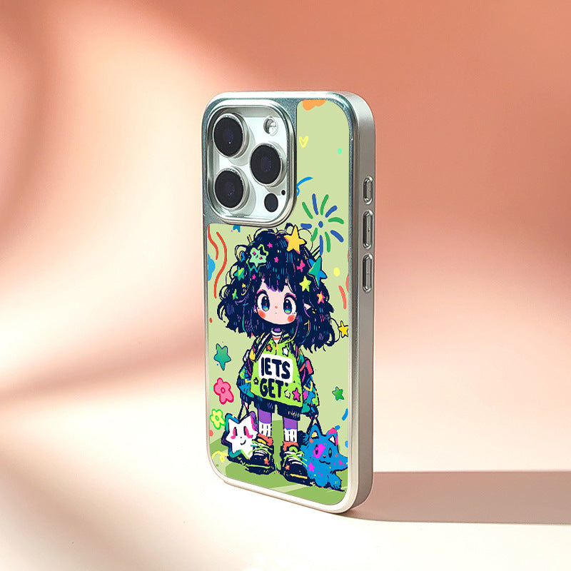Green Graffiti Girl Electroplated Silver Frosted Crystal Case for iPhone 15 Pro Max