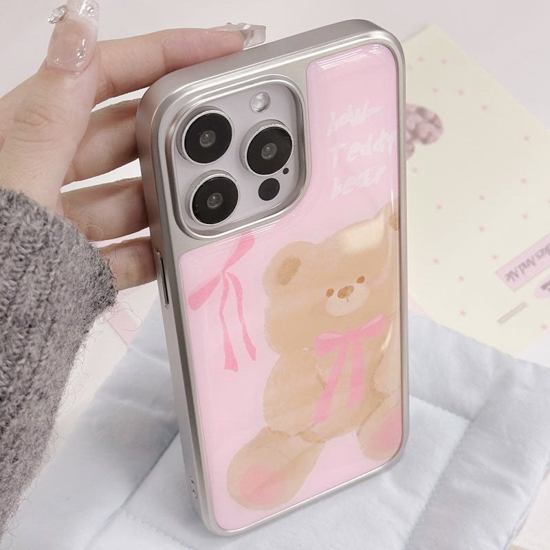 JOJOShop Cartoon Bear Epoxy Resin Case for iPhone 14 Pro Max – Plated Silver Edge Armor with 3D Tactile Design & Military-Grade Drop Protection