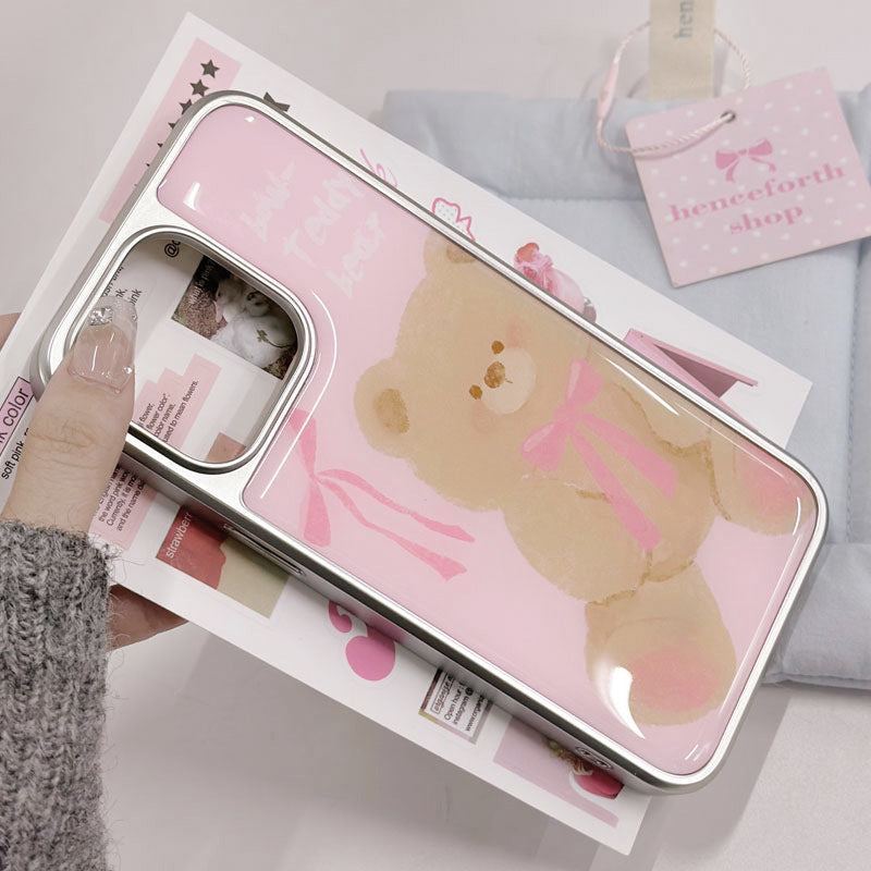 JOJOShop Cartoon Bear Epoxy Resin Case for iPhone 14 Pro Max – Plated Silver Edge Armor with 3D Tactile Design & Military-Grade Drop Protection