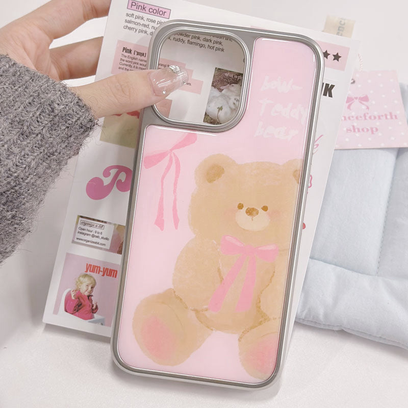 JOJOShop Cartoon Bear Epoxy Resin Case for iPhone 14 Pro Max – Plated Silver Edge Armor with 3D Tactile Design & Military-Grade Drop Protection