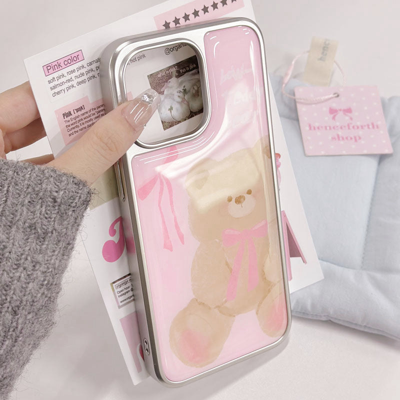 JOJOShop Cartoon Bear Epoxy Resin Case for iPhone 14 Pro Max – Plated Silver Edge Armor with 3D Tactile Design & Military-Grade Drop Protection