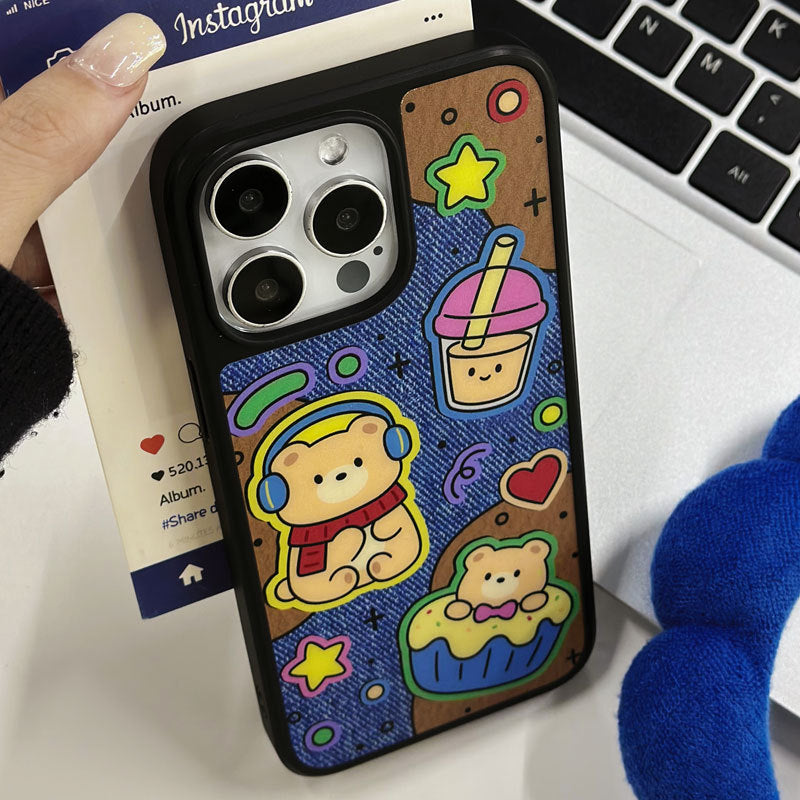 Cartoon Bear Magnetic Matte iPhone 16 Pro Case – Carbon Fiber Armor