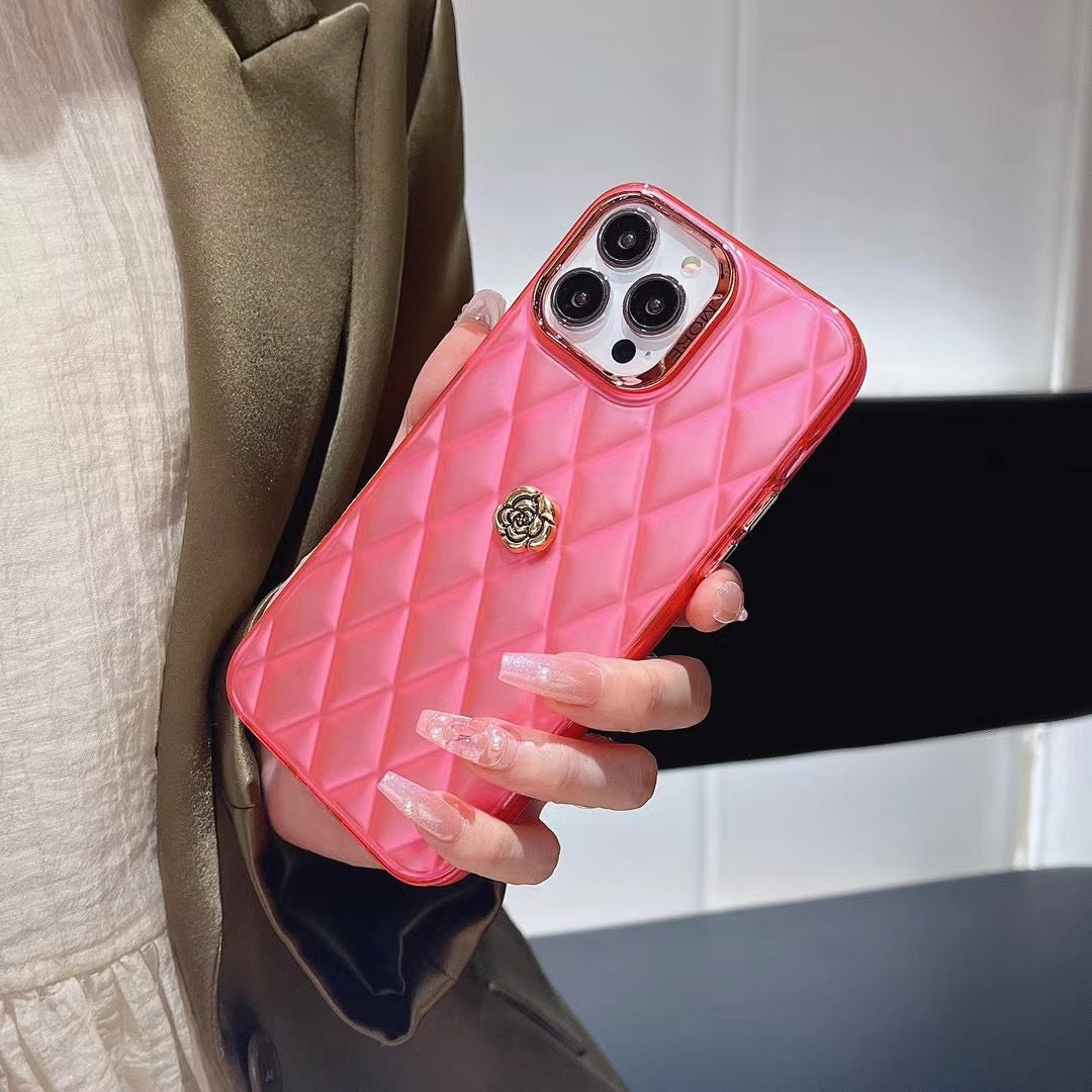 Capa de telefone de camélia prateada galvanizada para iPhone 16 Pro Max – capa rígida com padrão de diamante para mulheres