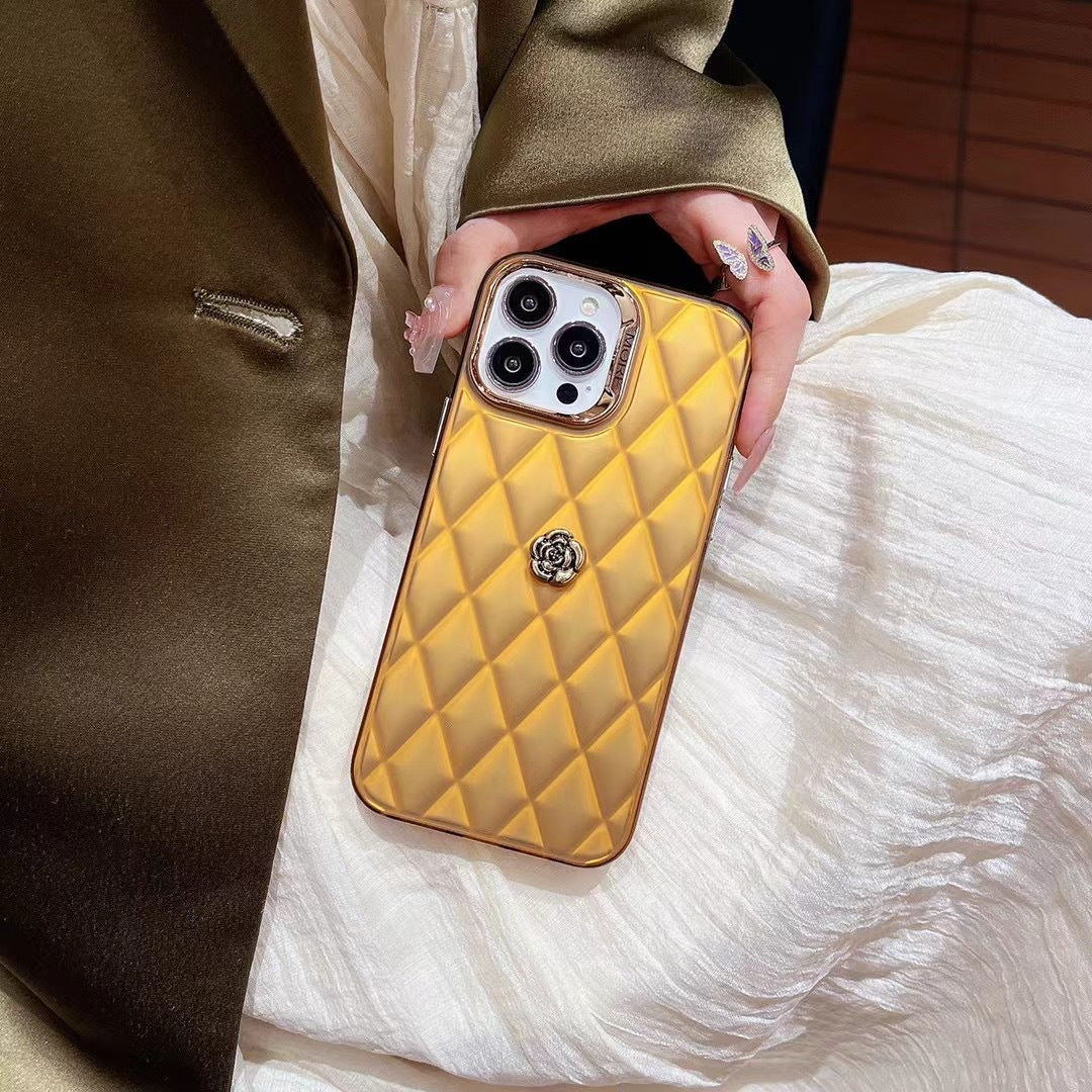 Capa de telefone de camélia prateada galvanizada para iPhone 16 Pro Max – capa rígida com padrão de diamante para mulheres