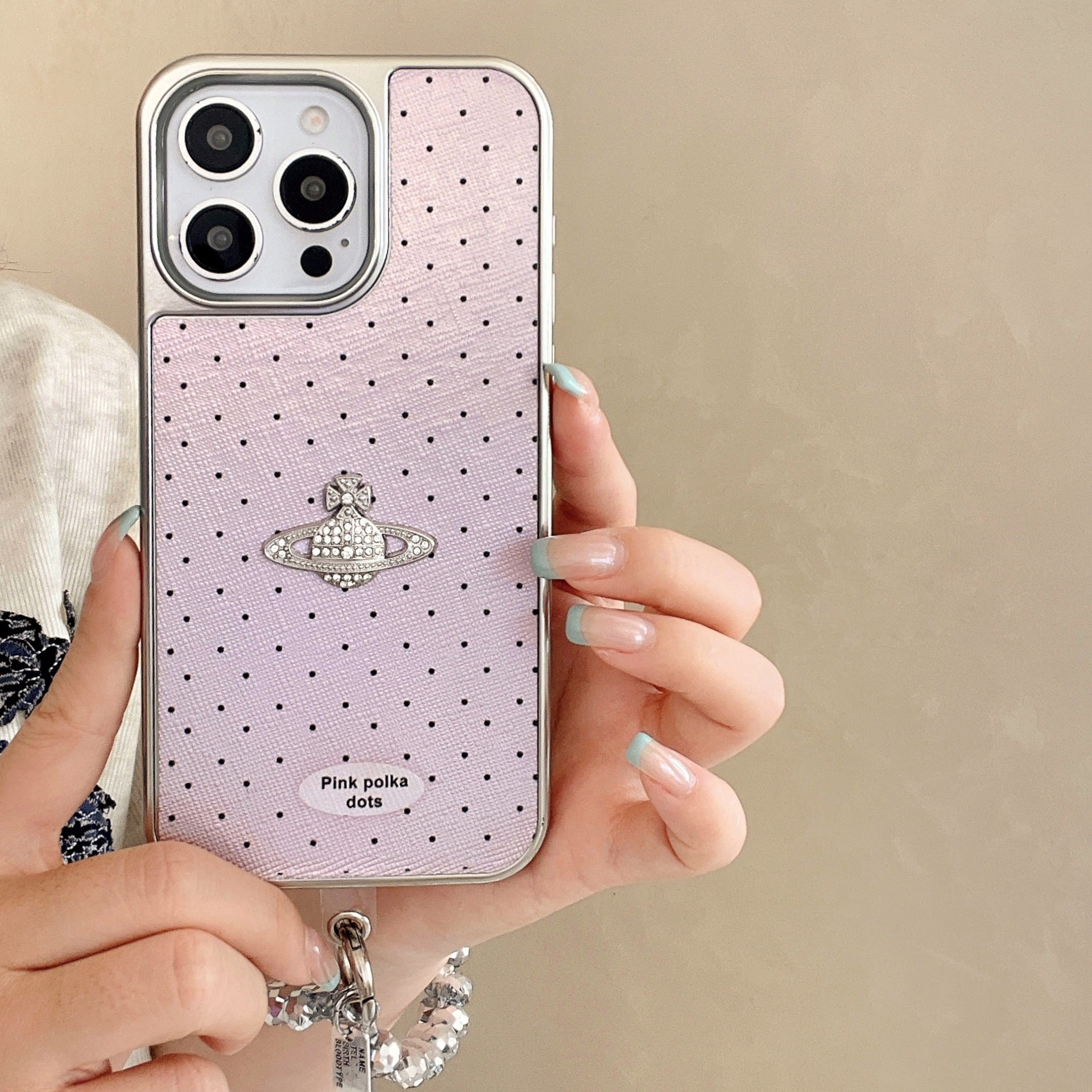 Luxury Leather & Planet iPhone 16 Pro Max Case – Polka Dots & 3D Holographic Design