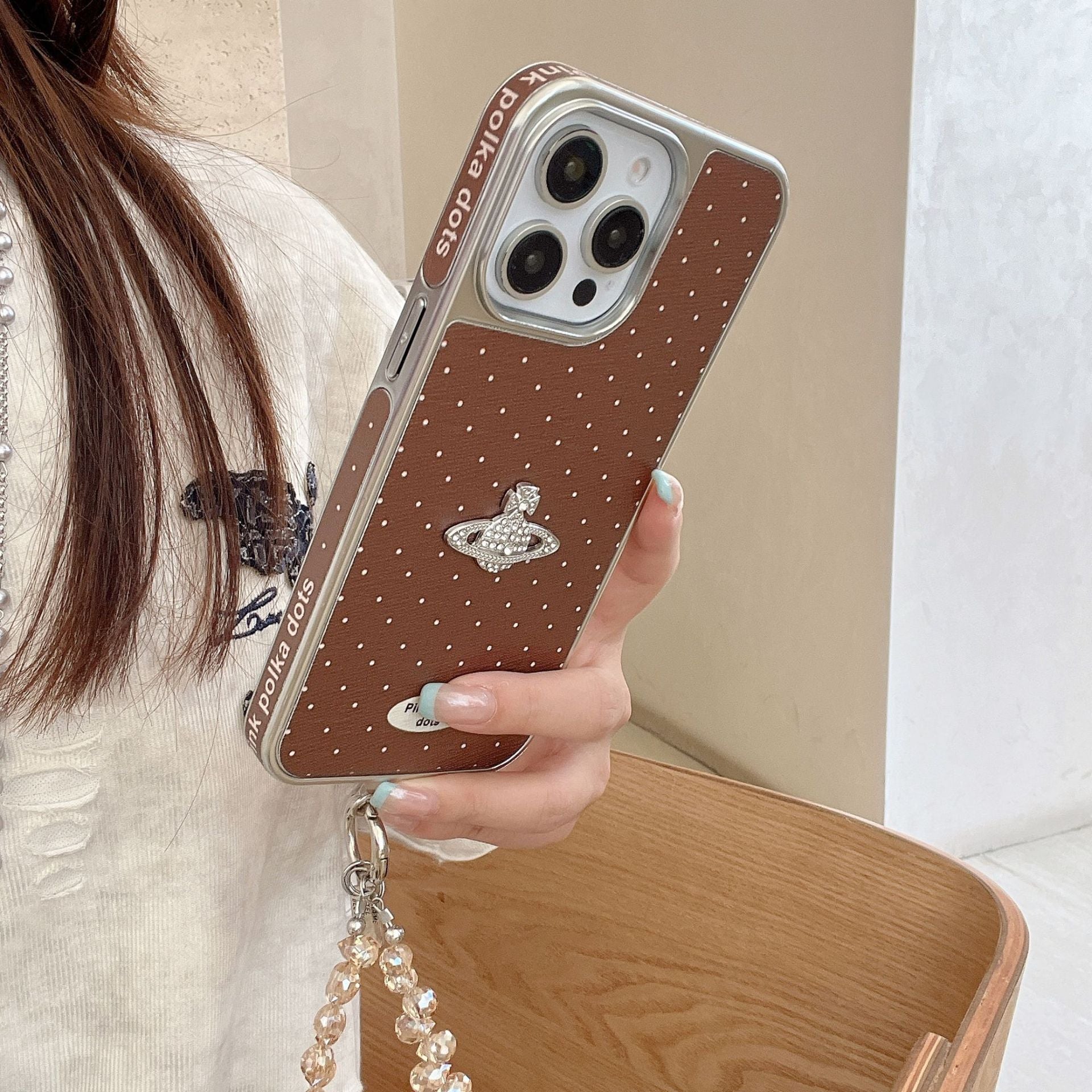Luxury Leather & Planet iPhone 16 Pro Max Case – Polka Dots & 3D Holographic Design