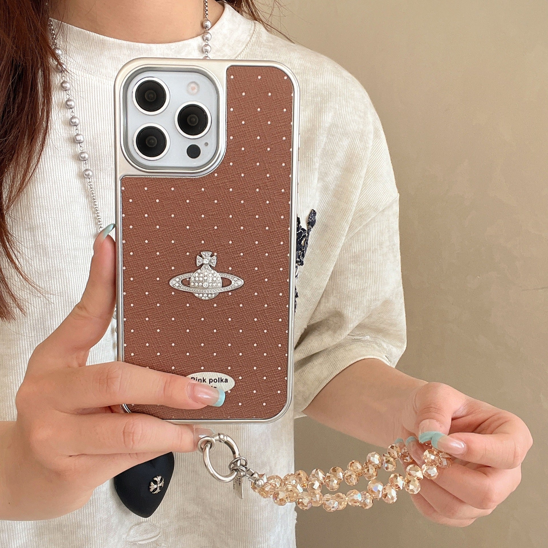 iPhone 16 Pro Max Case Luxury Leather Sides with Polka Dots & 3D Holographic Planet Design