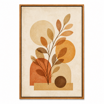 Boho Botanical Geometric Canvas Wall Art - Brown Frame white background SKU