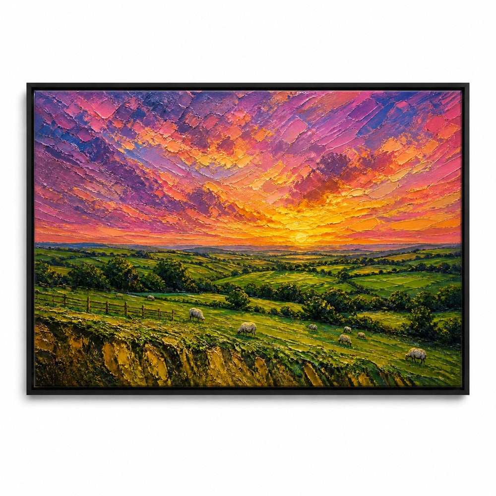 Golden Pastures Impasto Landscape Floating Frame Wall Art - 01