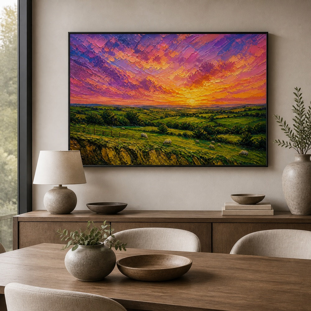 Golden Pastures Impasto Landscape Floating Frame Wall Art - 02b