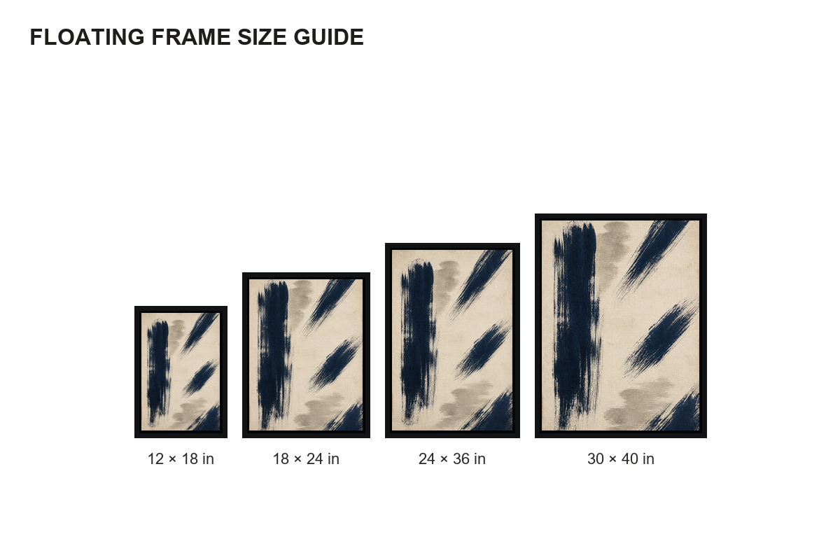 Navy Dry Brush Abstract Canvas Wall Art - Floating Frame Size Guide