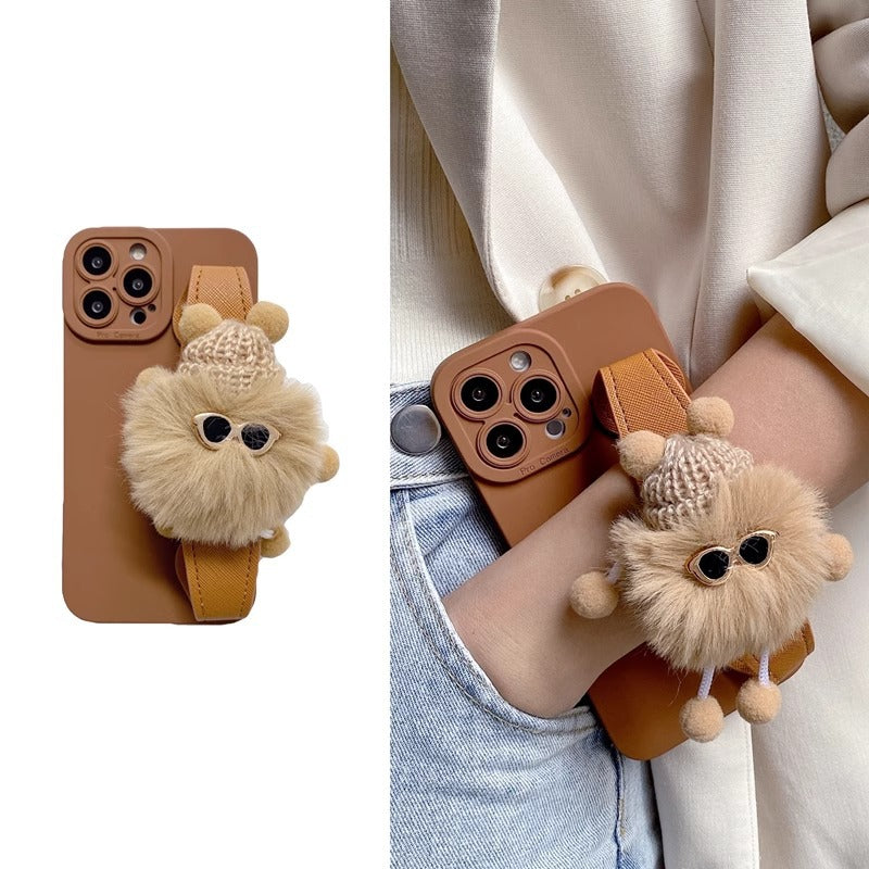 Funda de teléfono con pulsera de peluche para iPhone 16 Pro Max – Funda blanda de silicona con correa cruzada