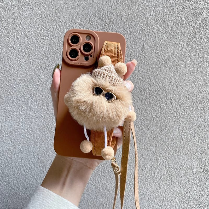 Funda de teléfono con pulsera de peluche para iPhone 16 Pro Max – Funda blanda de silicona con correa cruzada