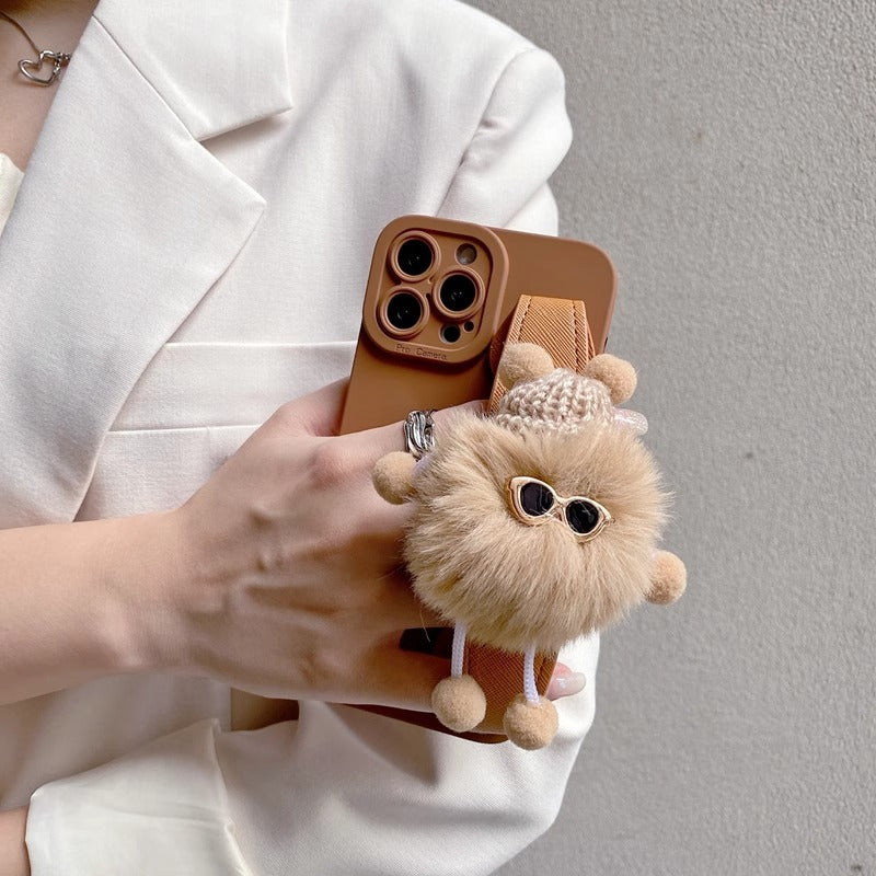 Funda de teléfono con pulsera de peluche para iPhone 16 Pro Max – Funda blanda de silicona con correa cruzada