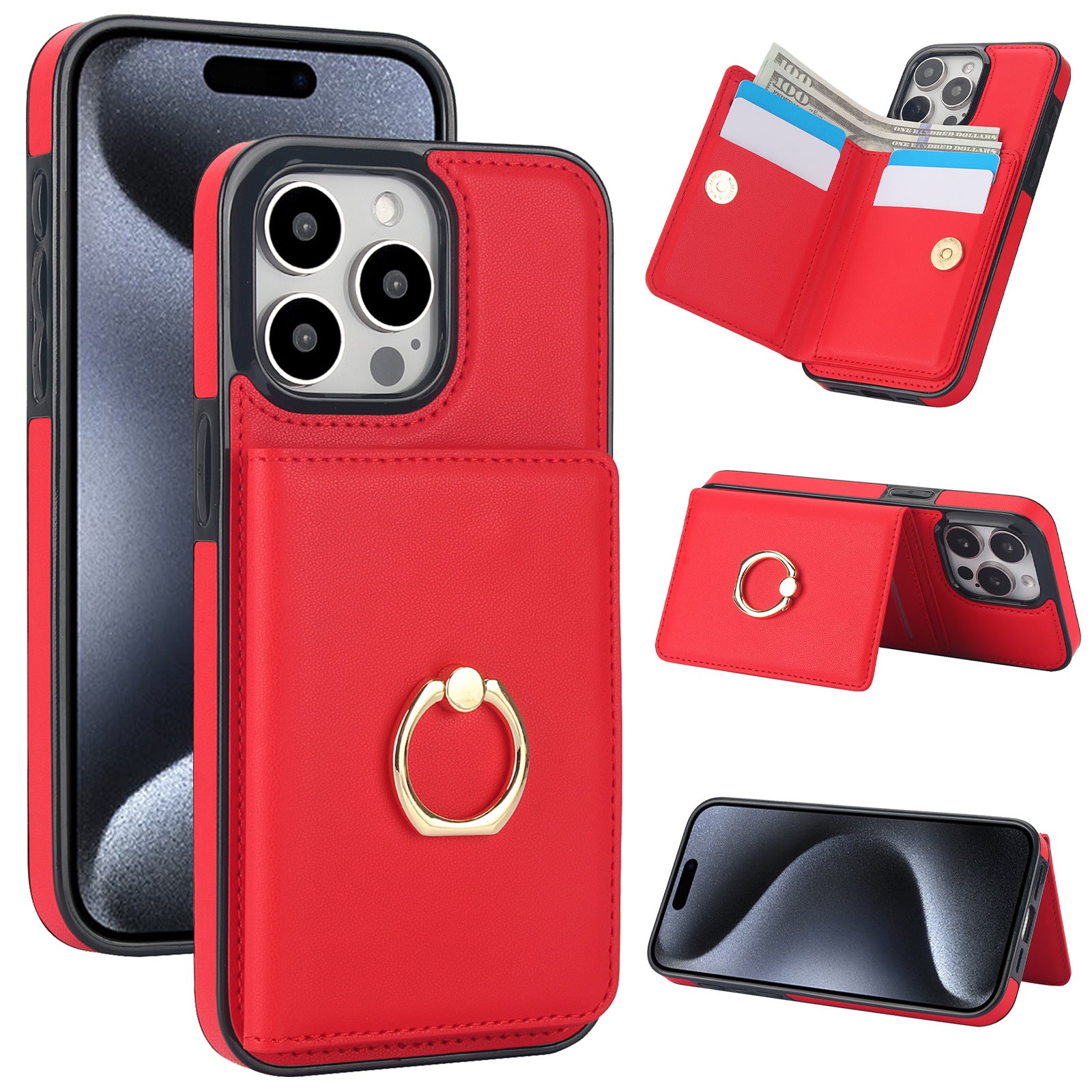 Premium Leather Wallet Phone Case for iPhone 16 Pro Max | Built-in Finger Ring Stand, Anti-Slip Design & RFID Protection – Slim Multi-Function Cover
