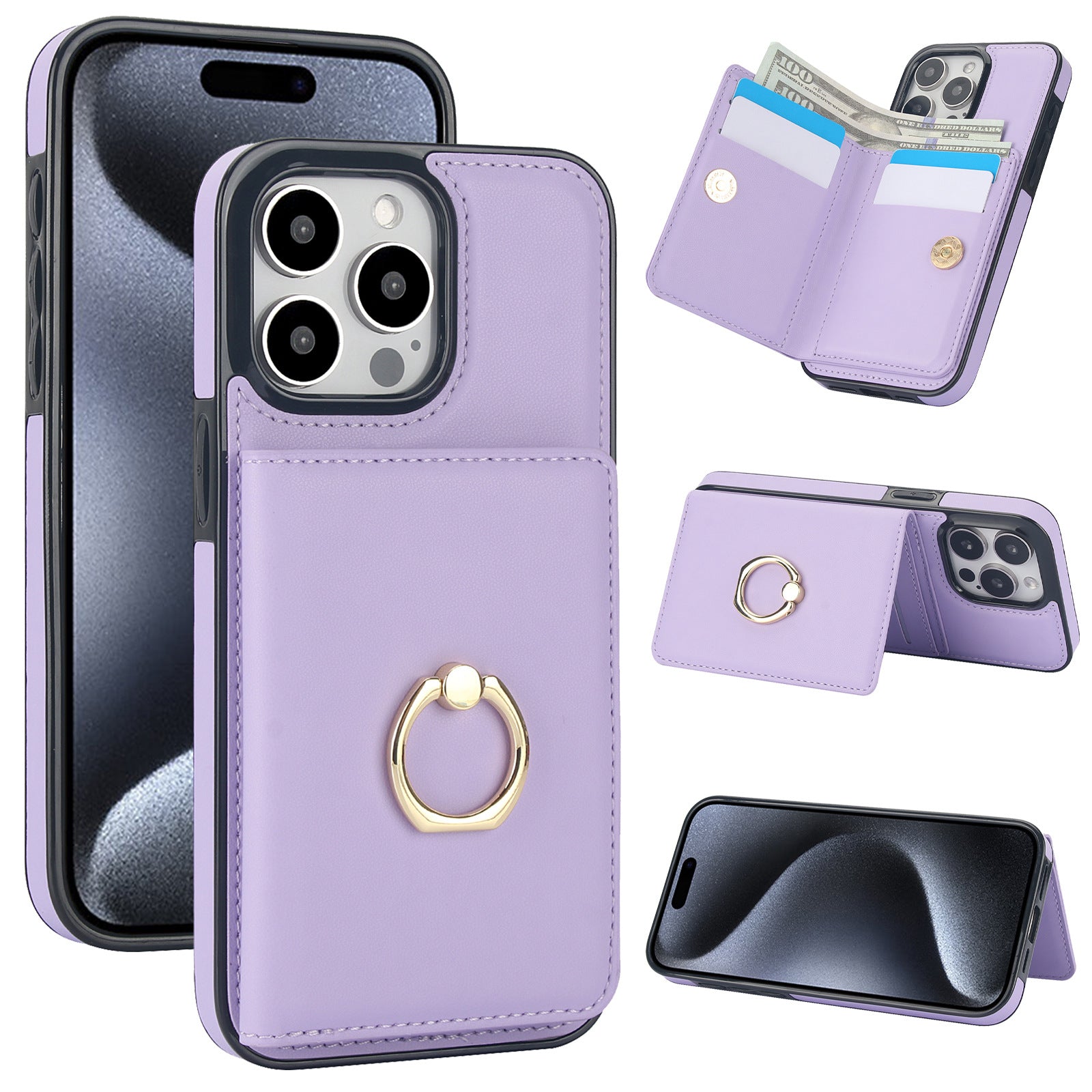Premium Leather Wallet Phone Case for iPhone 16 Pro Max | Built-in Finger Ring Stand, Anti-Slip Design & RFID Protection – Slim Multi-Function Cover