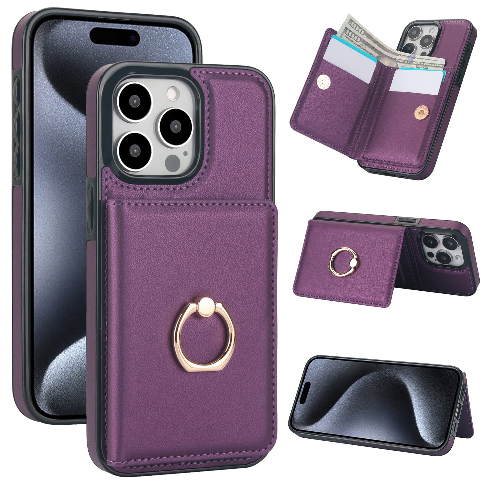 Premium Leather Wallet Phone Case for iPhone 16 Pro Max | Built-in Finger Ring Stand, Anti-Slip Design & RFID Protection – Slim Multi-Function Cover