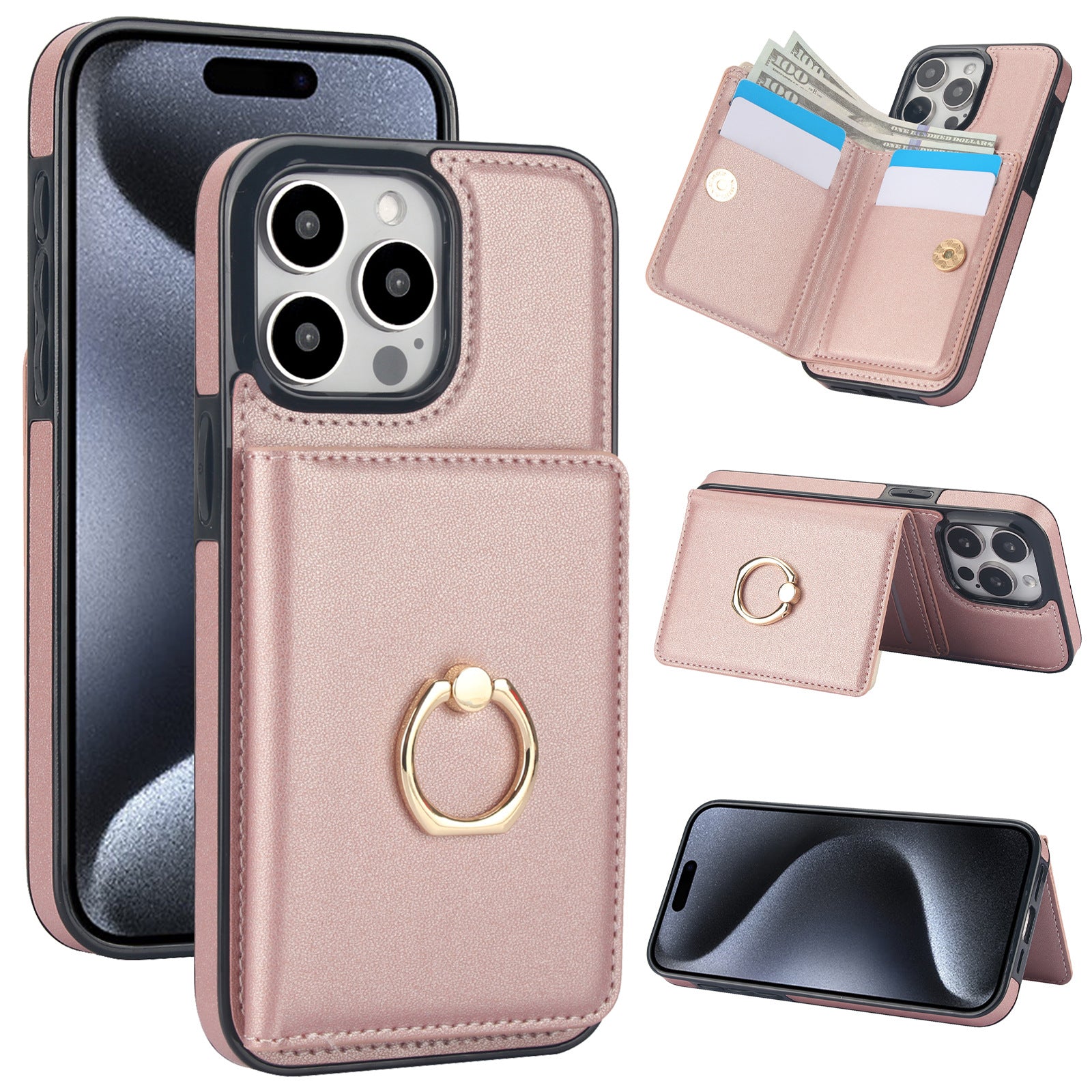 Premium Leather Wallet Phone Case for iPhone 16 Pro Max | Built-in Finger Ring Stand, Anti-Slip Design & RFID Protection – Slim Multi-Function Cover