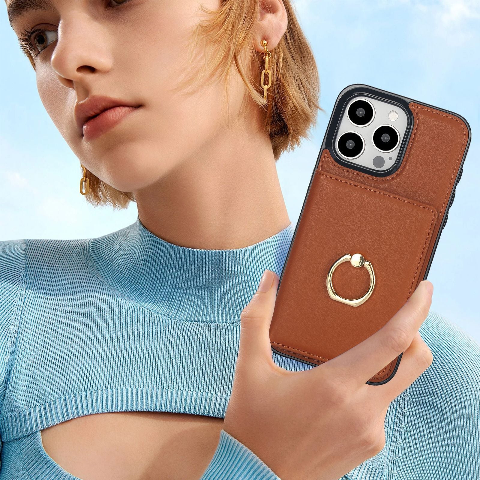 Premium Leather Wallet Phone Case for iPhone 16 Pro Max | Built-in Finger Ring Stand, Anti-Slip Design & RFID Protection – Slim Multi-Function Cover