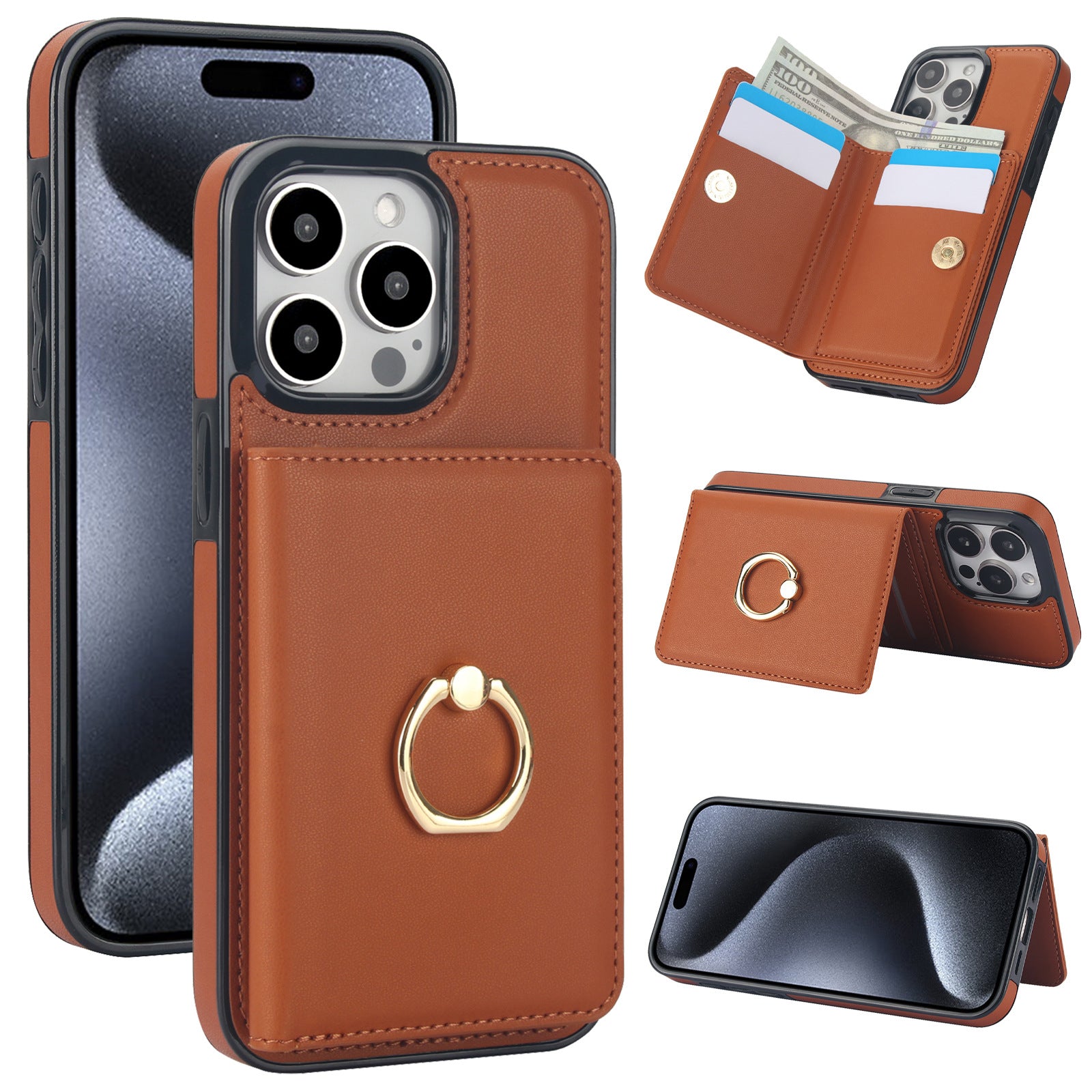 Premium Leather Wallet Phone Case for iPhone 16 Pro Max | Built-in Finger Ring Stand, Anti-Slip Design & RFID Protection – Slim Multi-Function Cover