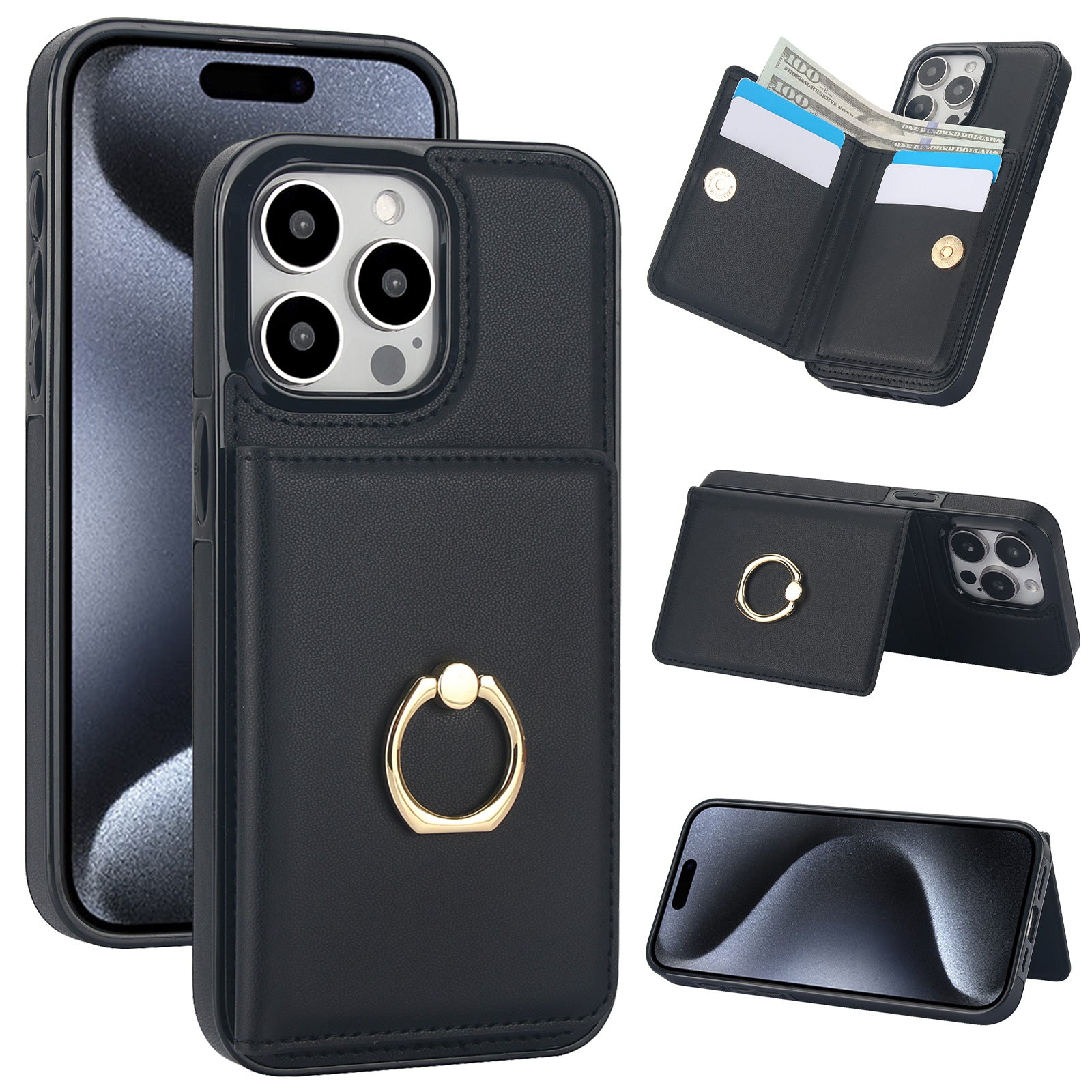 Premium Leather Wallet Phone Case for iPhone 16 Pro Max | Built-in Finger Ring Stand, Anti-Slip Design & RFID Protection – Slim Multi-Function Cover