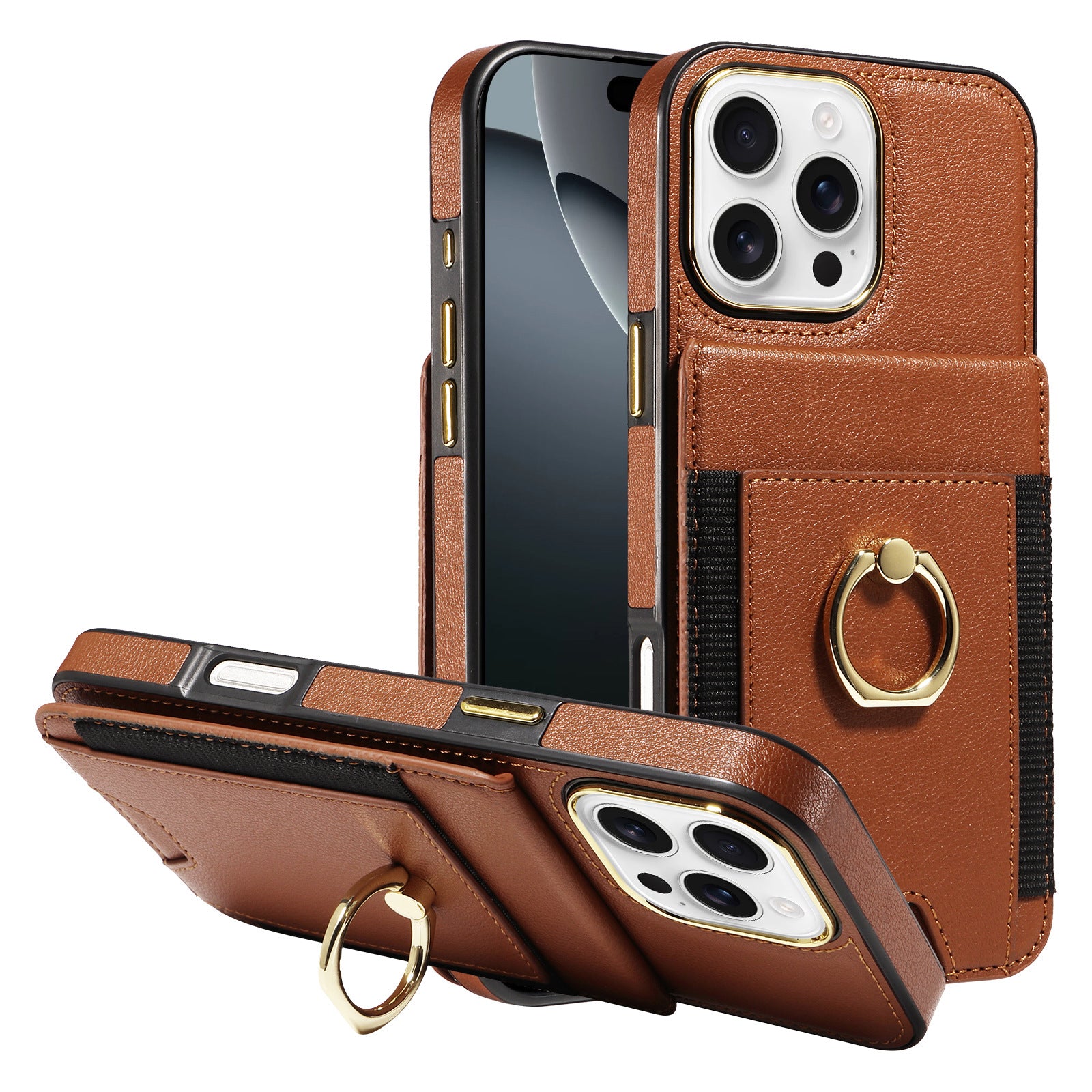 Premium Rotatable Ring Holder Leather Case for iPhone 16 Pro - Multi-Functional Magnetic Back Cover with Stand & Card Slot
