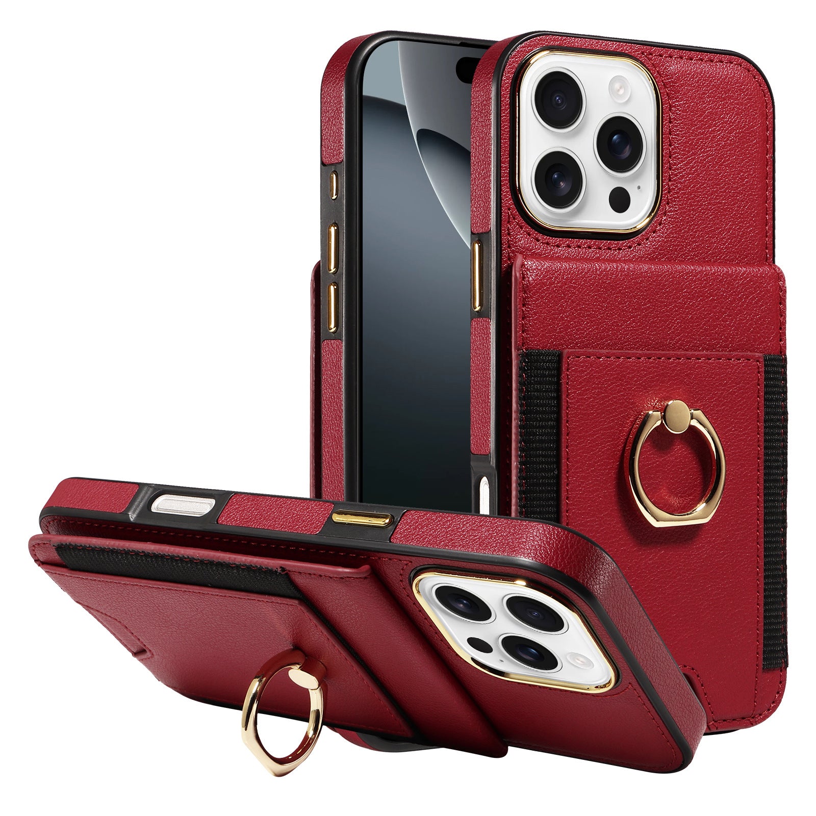 Premium Rotatable Ring Holder Leather Case for iPhone 16 Pro - Multi-Functional Magnetic Back Cover with Stand & Card Slot