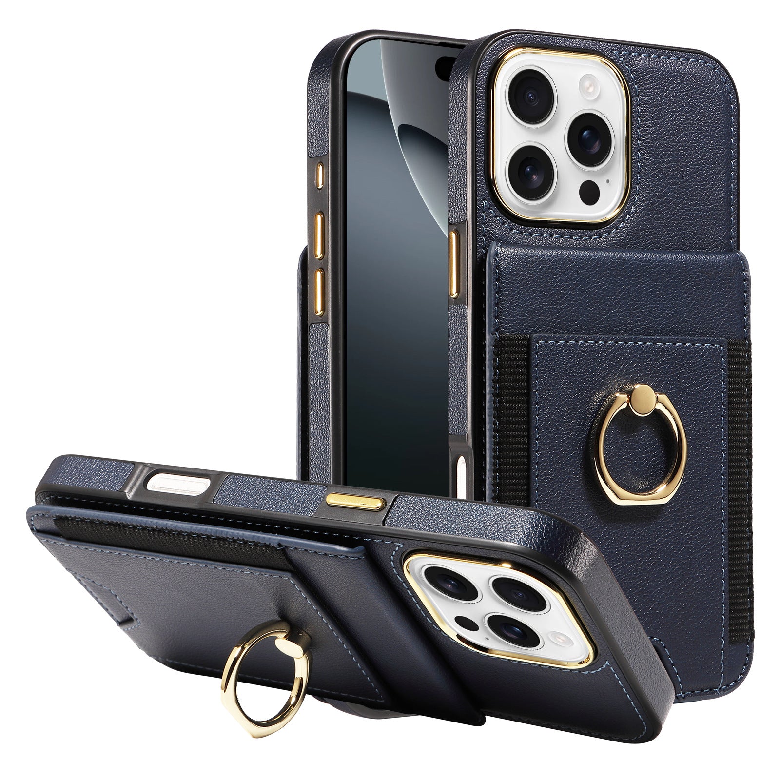 Premium Rotatable Ring Holder Leather Case for iPhone 16 Pro - Multi-Functional Magnetic Back Cover with Stand & Card Slot