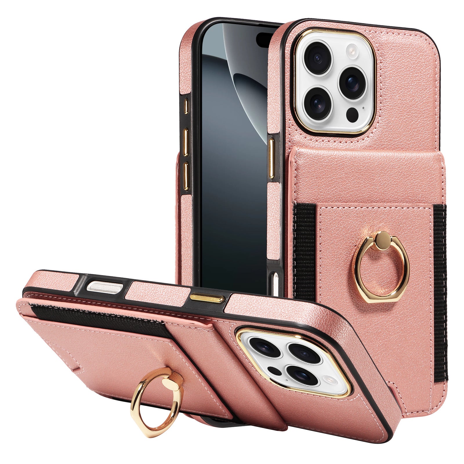 Premium Rotatable Ring Holder Leather Case for iPhone 16 Pro - Multi-Functional Magnetic Back Cover with Stand & Card Slot