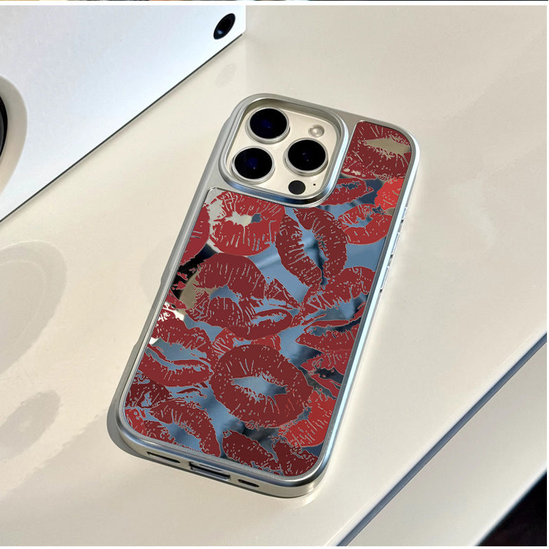 Stylish Electroplated Phone Case with Full-Cover Red Lips Design & Mirror Finish for iPhone 16 Pro Max