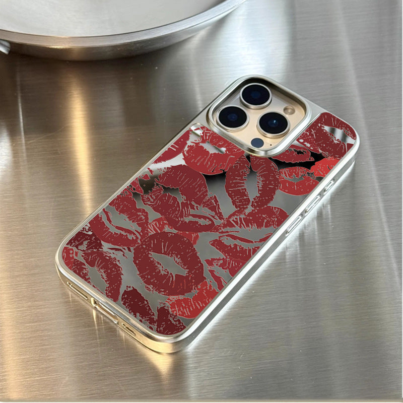 Stylish Electroplated Phone Case with Full-Cover Red Lips Design & Mirror Finish for iPhone 16 Pro Max