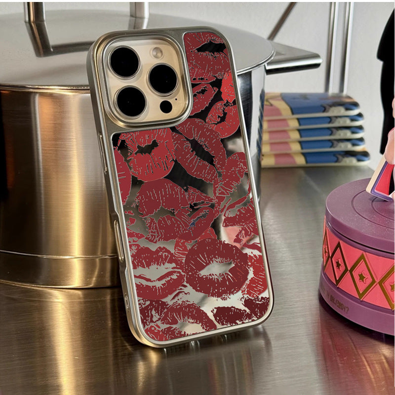 Stylish Electroplated Phone Case with Full-Cover Red Lips Design & Mirror Finish for iPhone 16 Pro Max
