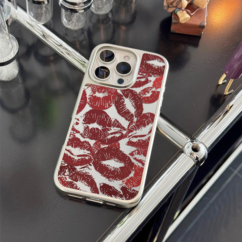 Stylish Electroplated Phone Case with Full-Cover Red Lips Design & Mirror Finish for iPhone 16 Pro Max
