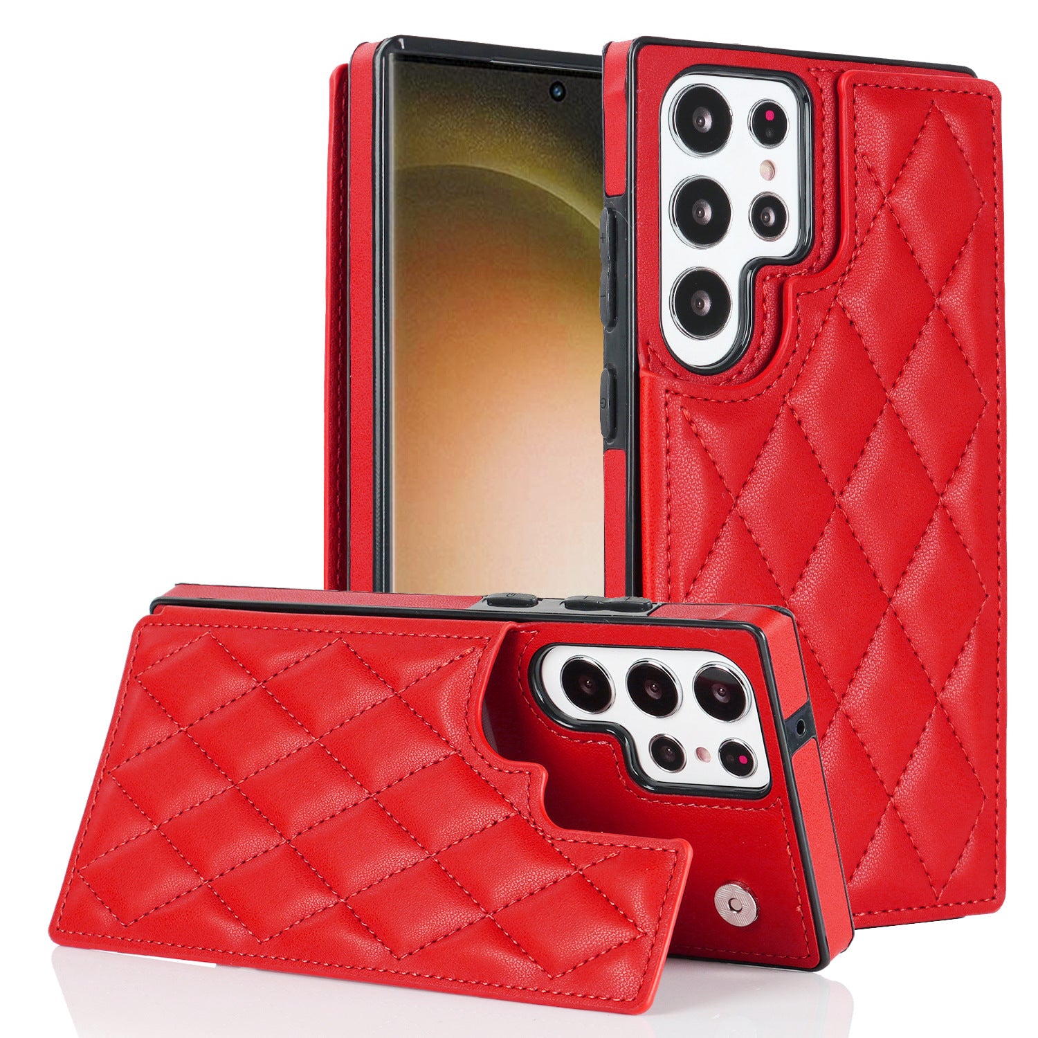 Textured Leather Phone Case for Samsung S25 Ultra | Dual Clasp Card Holder Cover with Anti-Slip Grid Design