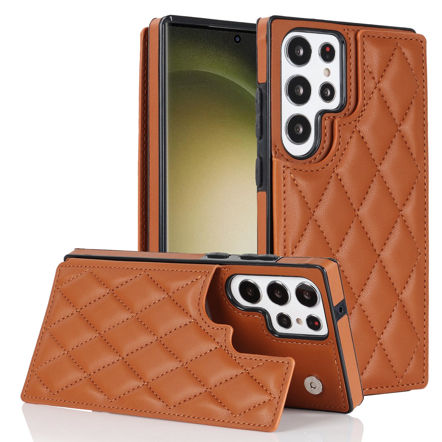 Textured Leather Phone Case for Samsung S25 Ultra | Dual Clasp Card Holder Cover with Anti-Slip Grid Design