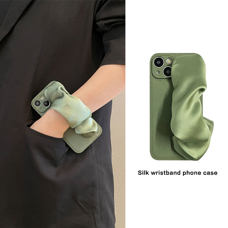 Silk Scarf Wrist Strap Crossbody Phone Case for iPhone 14 Pro Max/15/16 – Women's Silicone Hard Cover