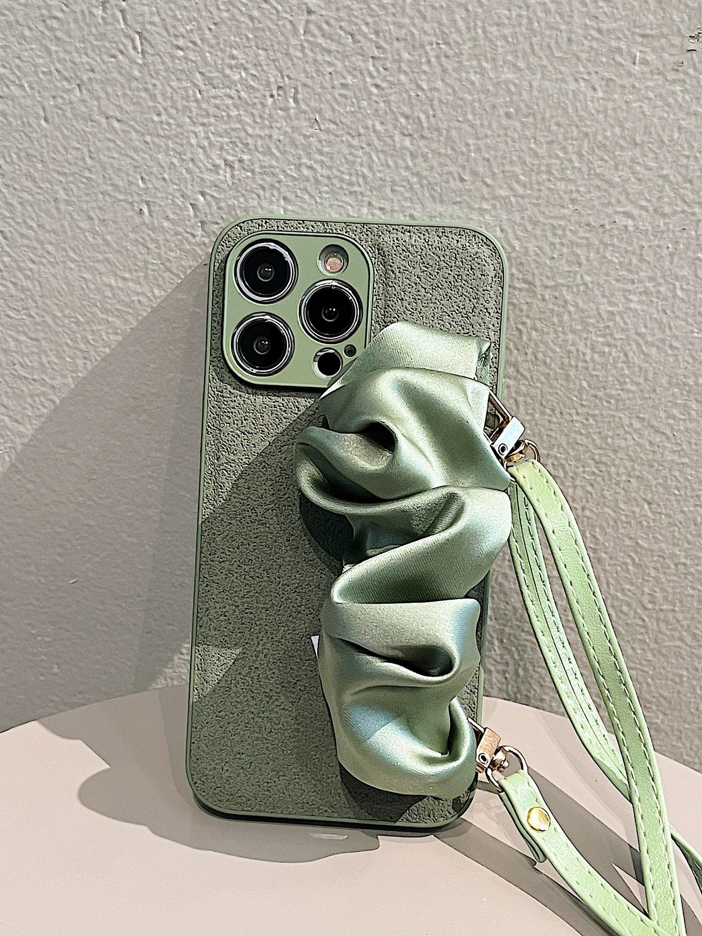 Silk Scarf Wrist Strap Crossbody Phone Case for iPhone 14 Pro Max/15/16 – Women's Silicone Hard Cover