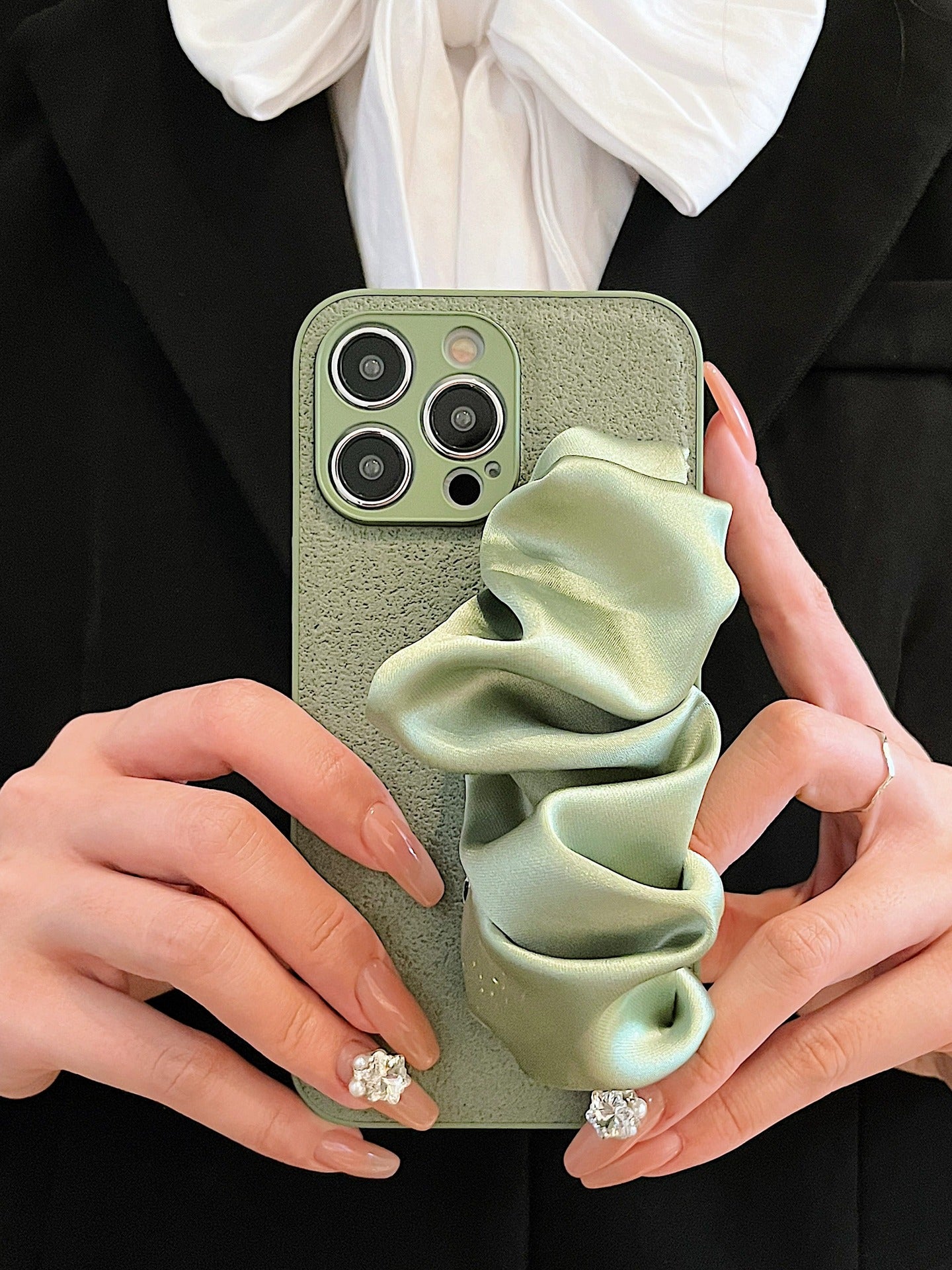 Silk Scarf Wrist Strap Crossbody Phone Case for iPhone 14 Pro Max/15/16 – Women's Silicone Hard Cover