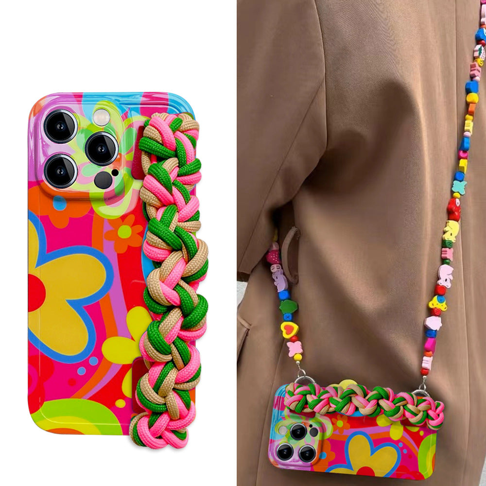 Funda de teléfono con correa de muñeca tejida para iPhone 15 Pro Max – Funda de silicona suave con diseño de flores y diseño cruzado