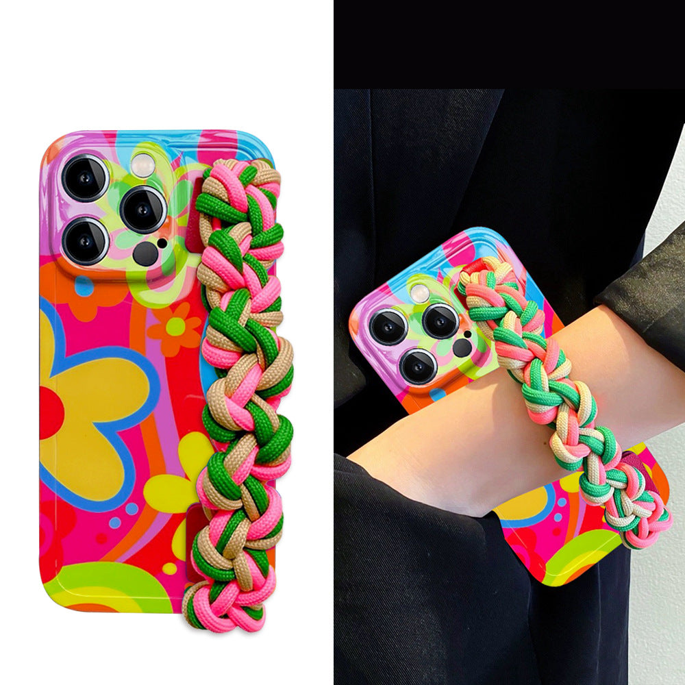 Woven Wrist Strap Phone Case for iPhone 15 Pro Max – Flower Block Crossbody Silicone Soft Case