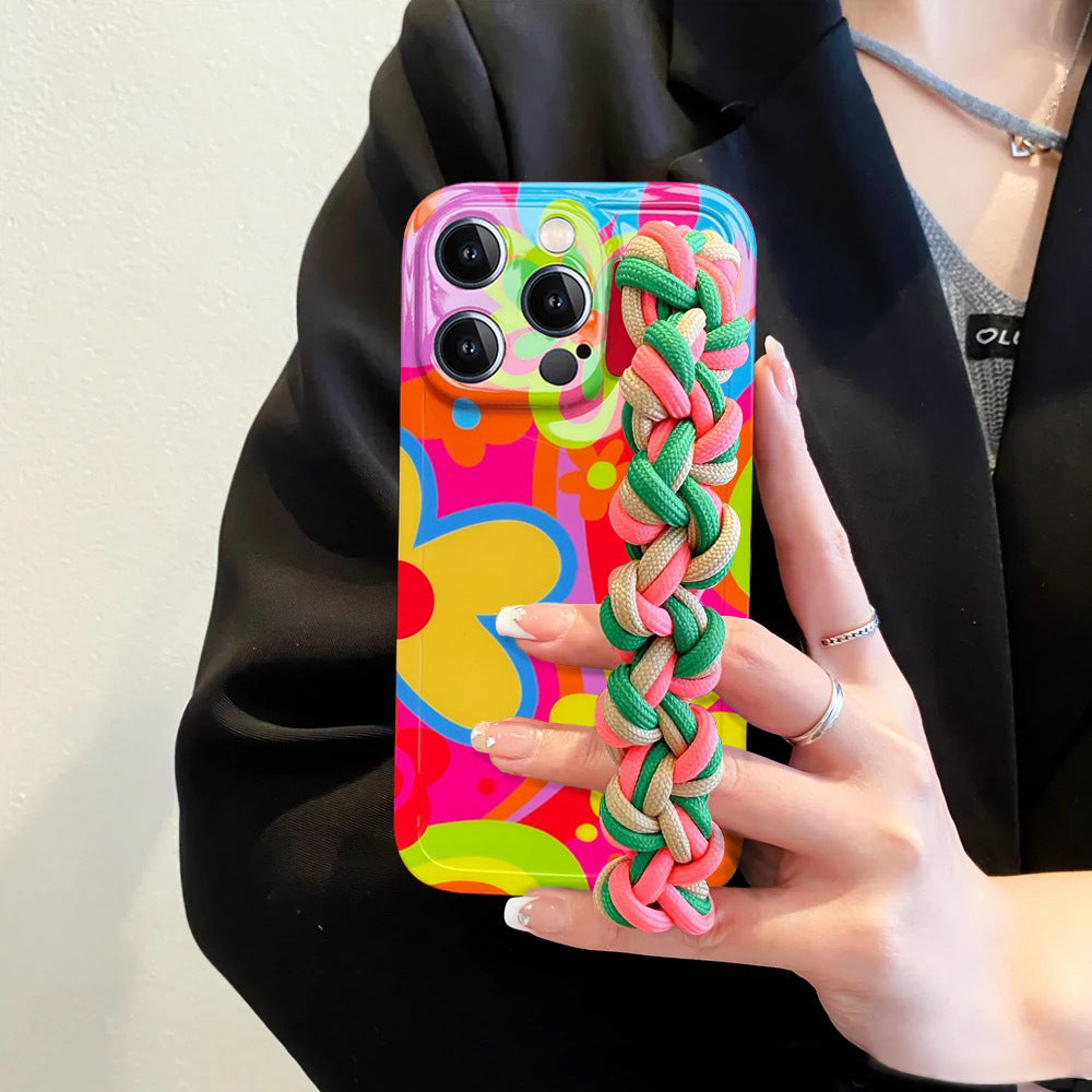 Woven Wrist Strap Phone Case for iPhone 15 Pro Max – Flower Block Crossbody Silicone Soft Case