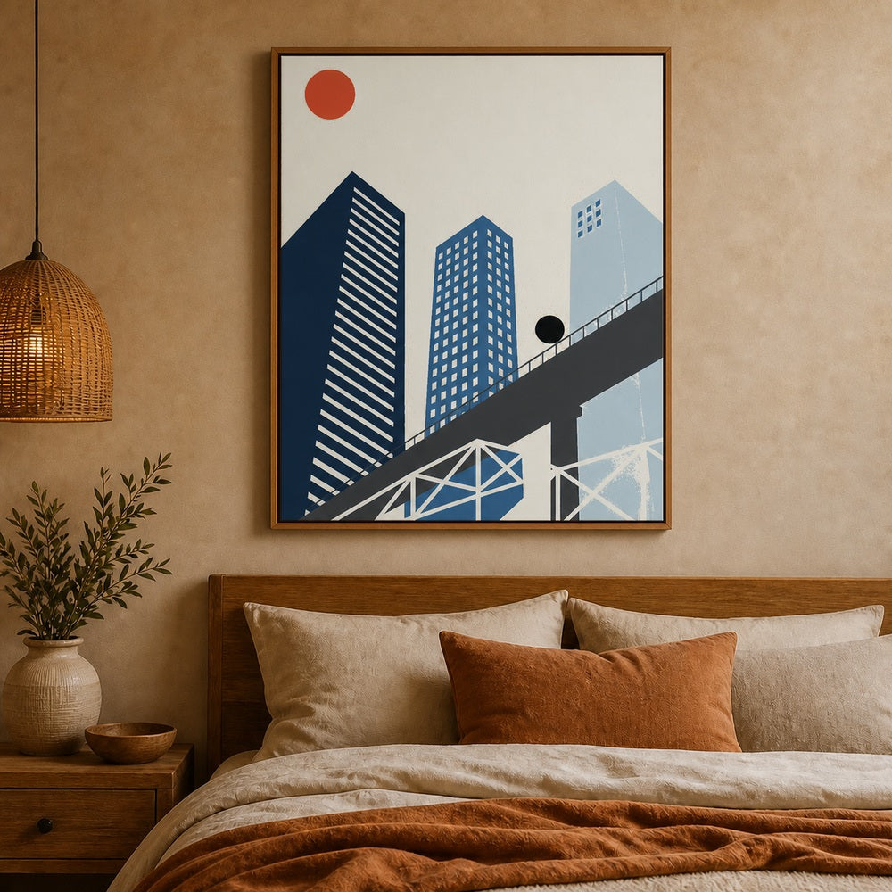 bauhaus-geometric-city-monorail-floating-frame-wall-art | bedroom-wall-scene