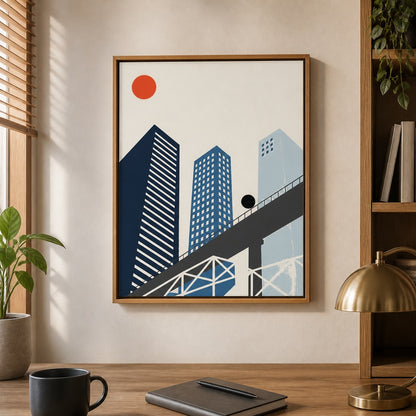 bauhaus-geometric-city-monorail-floating-frame-wall-art | office-wall-scene