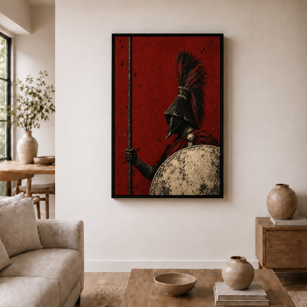 classical guardian with crimson shield in black frame room scene