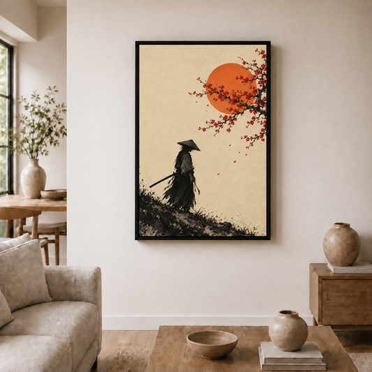 wandering samurai beneath cherry blossoms and sun in black frame room scene