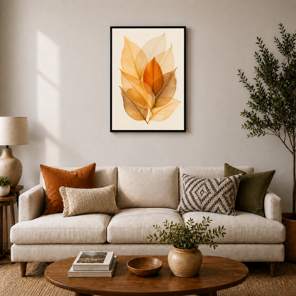 Amber Skeleton Leaves Canvas Wall Art - Black Frame wall scene primary
