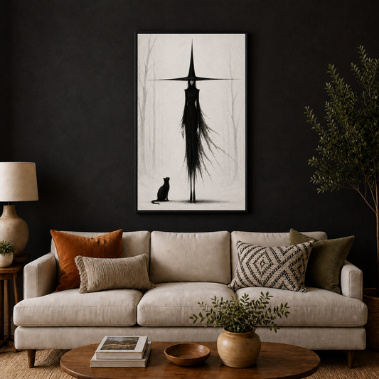 Tall Witch and Black Cat Monochrome Canvas Wall Art - Black Frame wall scene primary