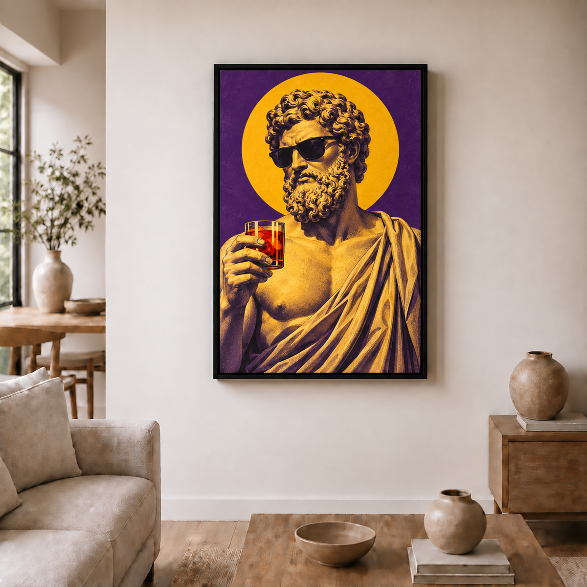classical sculpture bust wearing sunglasses in black frame room scene
